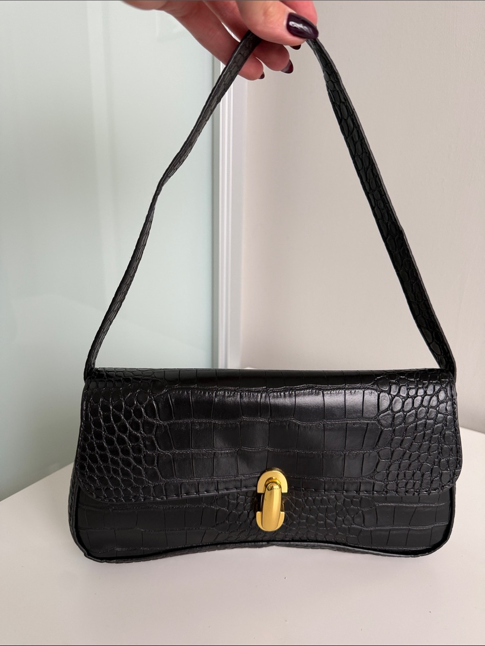 Black Croc-Embossed Shoulder Bag with Gold Turn-Lock